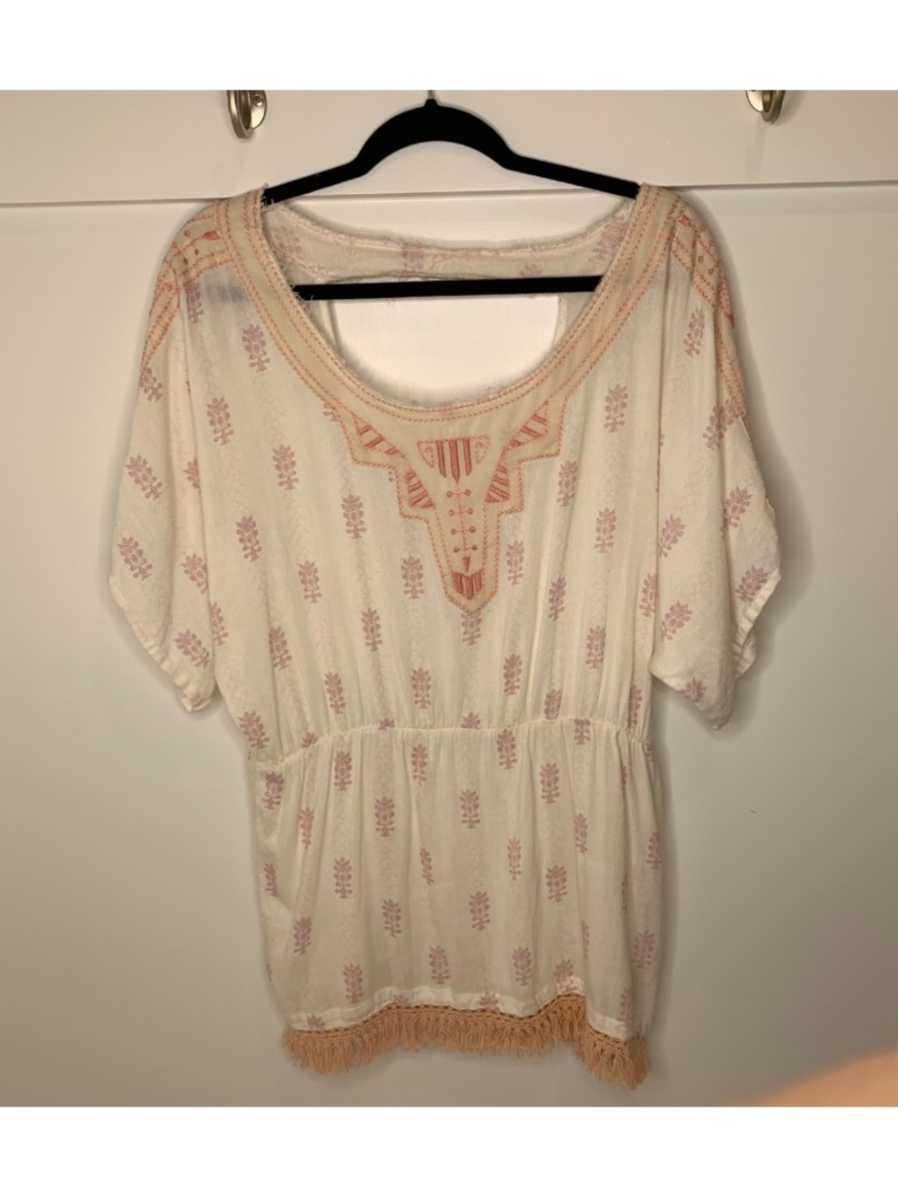Free People Gauzy Embroidered Boho Fringe Tunic Top Small